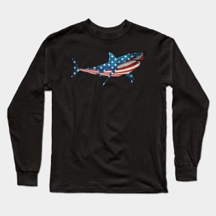 Patriotic Shark American Flag T-Shirt Gift For 4th Of July Long Sleeve T-Shirt